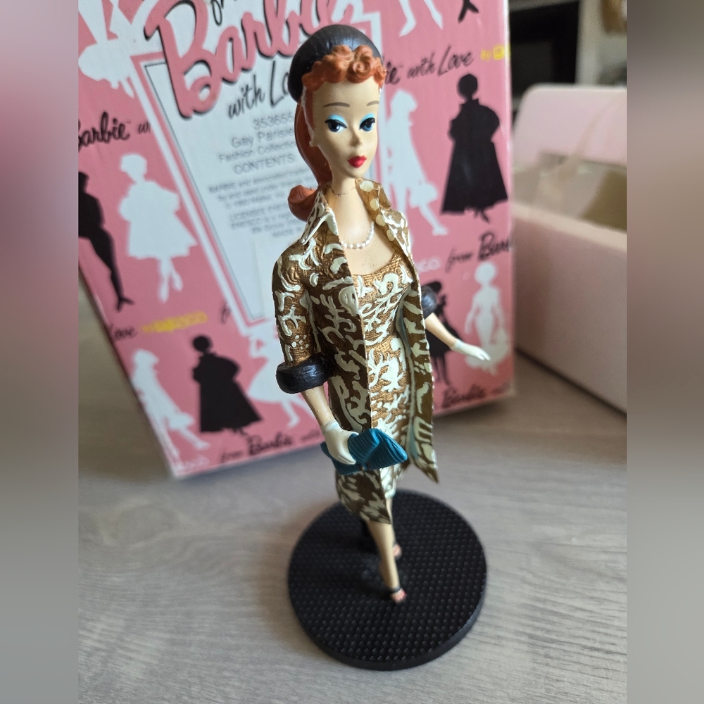 Vintage Barbie Collectable Figurine in Gold and Black Outfit with Blue Clutch